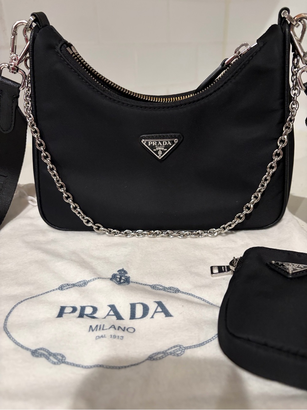 Prada Black Nylon Shoulder Bag with Silver Chain & Detachable Strap - Picture 2 of 9